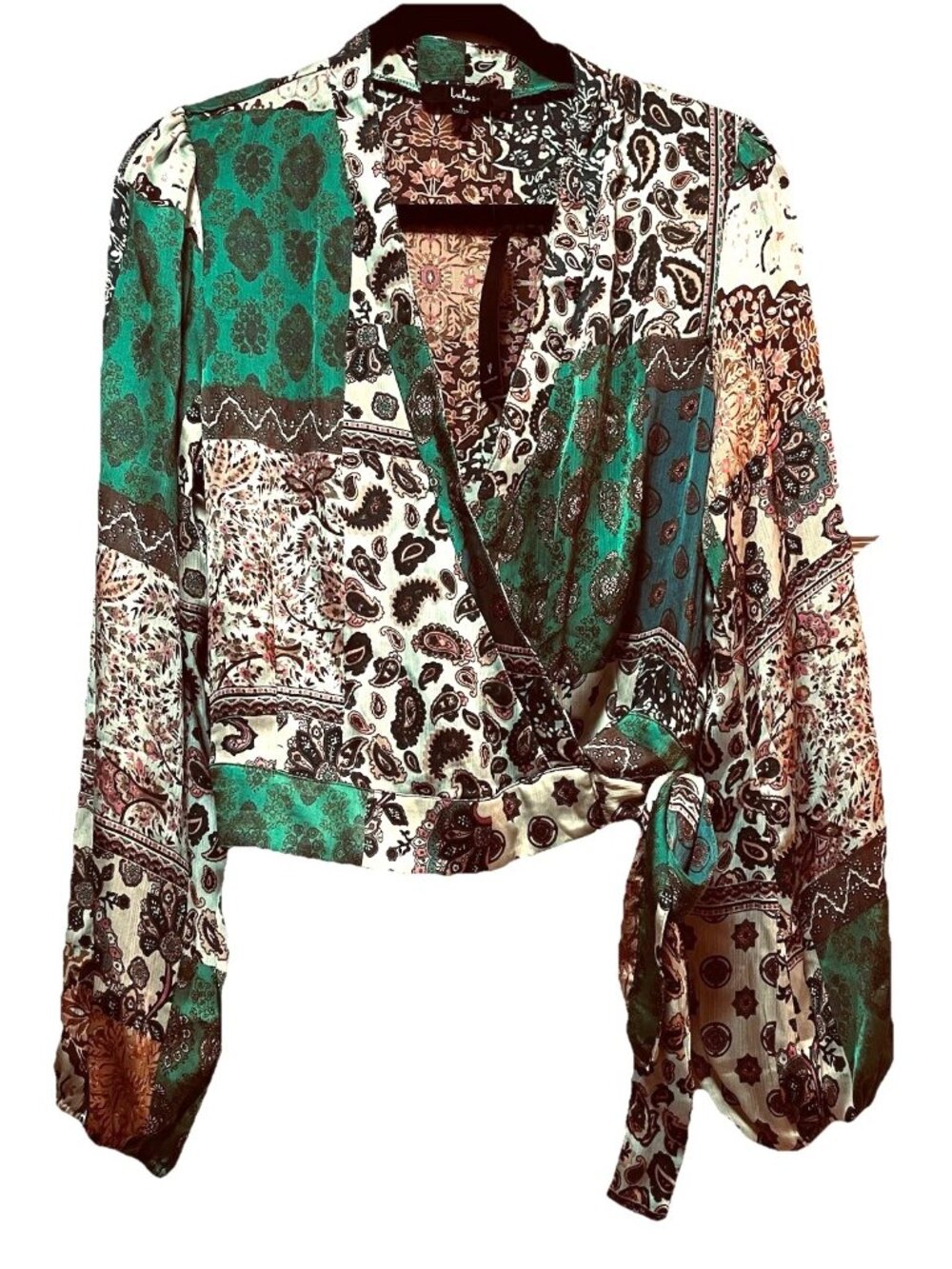 Lulus Green "Dinner Party Darling" Satin Scarf Wrap Long Sleeve Shirt Sz S NWT